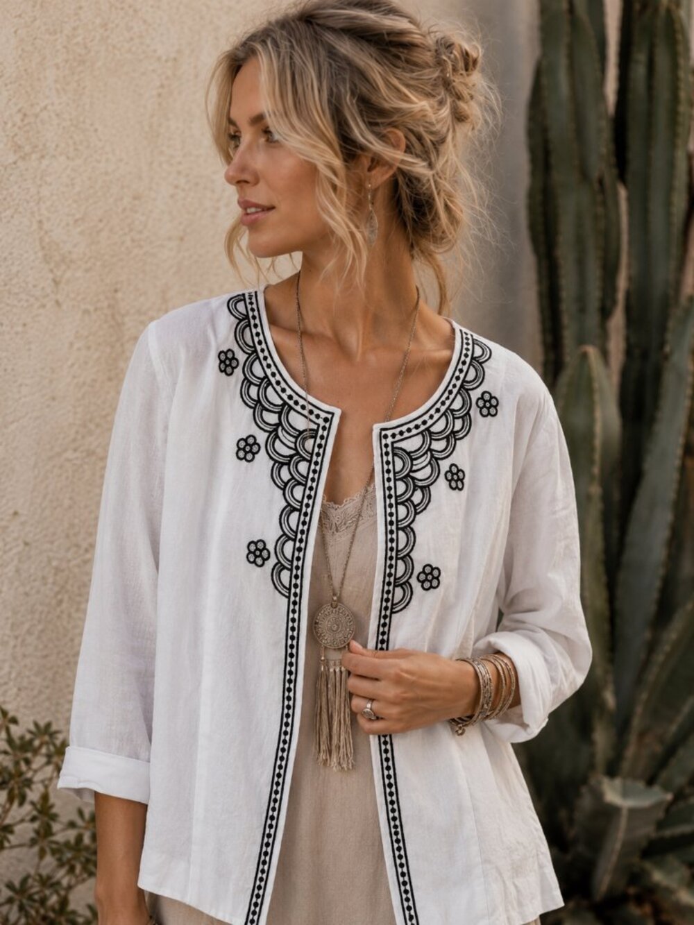 Lino USA 100% Linen White Embroidered Open Front Jacket Women’s M Boho Coastal C